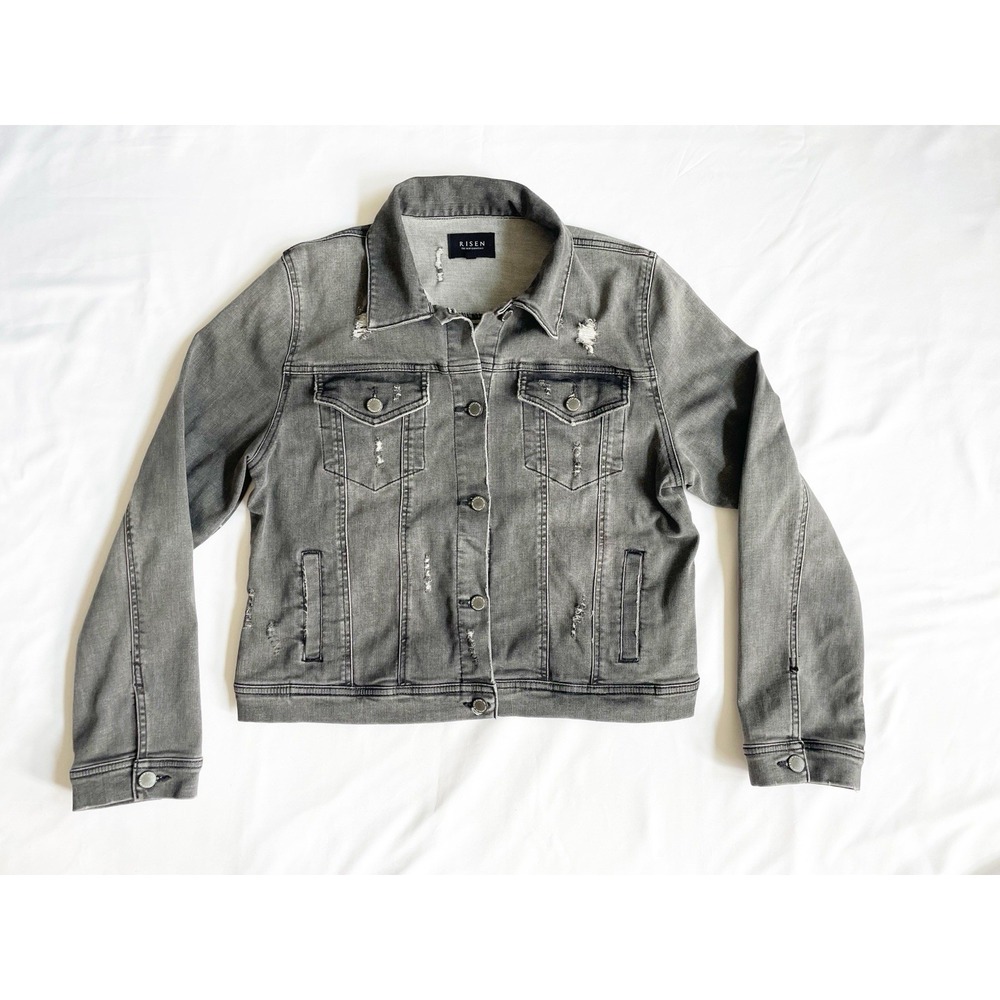 Risen Denim Distressed Denim Jacket Womens Large Gray Jean Jacket Rocker, Edgy